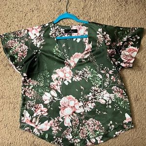 Green Satin Floral Blouse